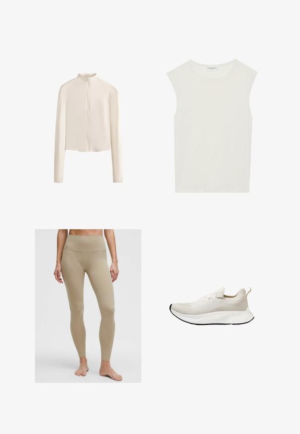 Lichtbeige lange mouw jack met een hoge kraag, volledige voorrits, naadloze schouders en een gladde stoftextuur. Minimalistisch ontwerp.; Witte mouwloze top met een ronde halslijn. Gemaakt van gladde stof, het heeft een losse pasvorm en een minimalistisch ontwerp. Geen patronen of accenten.; Beige high-waisted legging van rekbaar materiaal, met een gladde textuur en zonder zichtbare patronen of hardware-details.; Witte sportieve schoen met een gestructureerde gebreide bovenkant en flexibele zool, met decoratieve veters en een pulltab aan de achterkant.