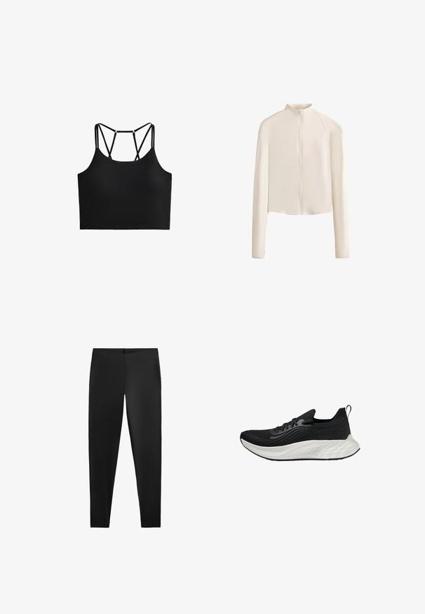 Ljusbeige långärmad jacka med hög krage, hel dragkedja framtill, sömlösa axlar och slät tygtextur. Minimalistisk design.; Svart kort topp med tunna band och en korsetts design på baksidan. Tillverkad av ett slätt tyg med en figursydd silhuett. Inga mönster eller detaljer noterade.; Svarta leggings med en slät yta och åtsittande silhuett, med hög midja och en sömlös design för komfort och mångsidighet.; Svart atletisk sko med en texturerad ovandel, en vit vadderad sula och subtil märkeslogotype. Har en dragflik och snörning.