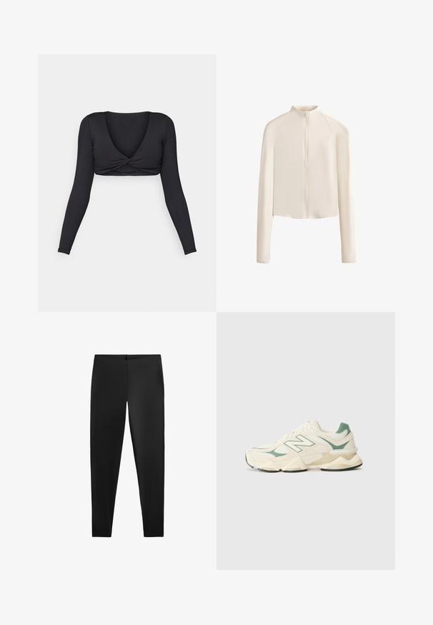 Világos bézs színű, hosszú ujjas dzseki magas gallérral, teljes elülső cipzárral, varrat nélküli vállrésszel és sima szövettextúrával. Minimalista dizájn.; Fekete, hosszúujjú crop top, mély V kivágással és csavart elülső kialakítással, sima, rugalmas anyagból készült.; Fekete leggings sima textúrával és testhezálló sziluettel, magas derékkal és varrás nélküli kivitelezéssel a kényelem és sokoldalúság érdekében.; Tejszínhab színű és menta zöld New Balance sportcipők, hálós és szintetikus betétekkel, vastag talppal, kerek orral és hangsúlyos logóval az oldalon.