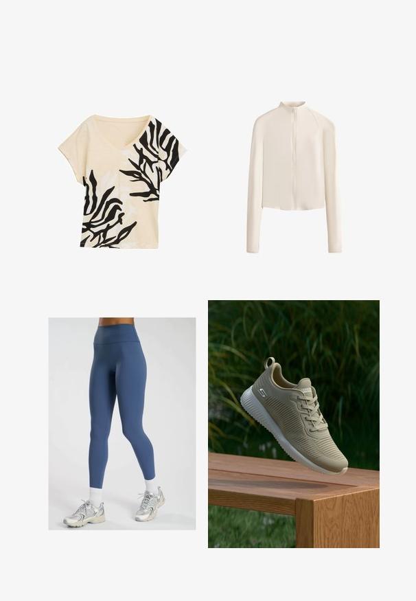 Lys beige langærmet jakke med høj krave, fuld frontlynlås, sømløse skuldre og glat stoftekstur. Minimalistisk design.; V-hals kortærmet top, beige stof med sort og hvid abstrakt mønster, afslappet pasform, blød tekstur, casual design, kraftige kontrasterende detaljer.; Høj talje blå leggings lavet af strækbart stof med en glat tekstur, der har et tætsiddende design og diskrete sømme for komfort.; Beige atletisk sko med tekstureret overdækning, snørebånd og støttende hælkappe, hviler på en træoverflade, sat mod grønne planter.