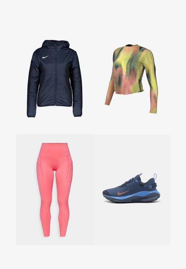 Doudoune bleu marine avec une fermeture éclair, une capuche et un logo Nike blanc sur la poitrine gauche ; dotée de poignets élastiques et d'une texture lisse.; Crop top à manches longues dans un motif tie-dye avec des nuances de vert, jaune et rose. Fabriqué en tissu doux avec un col rond et une coupe ajustée.; Leggings roses taille haute avec une texture lisse, dotés de deux poches latérales et d'un petit logo près de la taille.; Chaussure de sport bleue avec un dessus lisse et texturé, affichant un logo Nike marron et des accents bleu clair contrastants. Semelle en caoutchouc avec des détails de prise.
