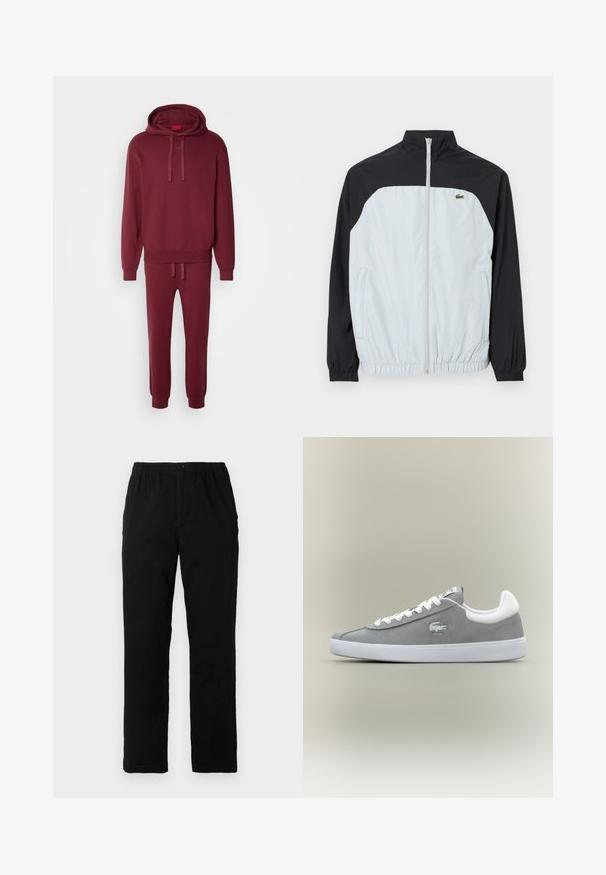 Bela in črna vetrovka s visokim ovratnikom, z zadrgo spredaj, elastičnimi manšetami in majhnim zelenim logotipom na prsih.; HUGO DAPODAYOTE - Športni pulover - dark pink; Črne hlače iz mešanice bombaža, s ravnim krojem, elastičnim pasom z gumbom in brez vidnih vzorcev ali akcentov.; Sivi nubuk športni copat z belim gumijastim podplatom, vezanje na vezalke in izvezena logotip na strani. Minimalističen dizajn s klasično silhueto.