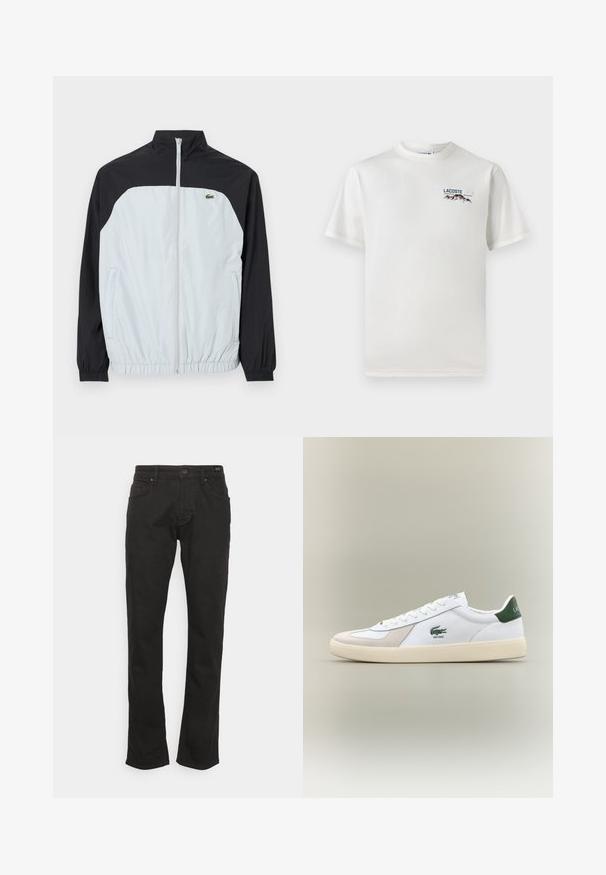 Bela in črna vetrovka s visokim ovratnikom, z zadrgo spredaj, elastičnimi manšetami in majhnim zelenim logotipom na prsih.; Bela bombažna majica s krožnim ovratnikom, kratkimi rokavi in majhnim izvezenim logotipom, ki vsebuje gore in besedilo na levi prsni strani.; JOOP! Jeans MITCH - Ravne kavbojke - black; Bela tenisa z zelenimi dodatki, iz semiša in usnja, okrogla konica, teksturiran podplat ter izšit logotip na strani in jeziku.