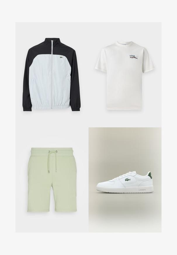 Weiße und schwarze Windbreaker-Jacke mit hohem Kragen, Reißverschluss vorne, elastischen Bündchen und einem kleinen grünen Logo auf der Brust.; Weißes Baumwoll-T-Shirt mit rundem Halsausschnitt, kurzen Ärmeln und kleinem gesticktem Logo mit Bergen und Text auf der linken Brust.; GANT REG SHIELD - Jogginghose - milky matcha; Weiße Leder-Sneaker mit glatter Oberfläche, grünen Akzenten an der Ferse und einem grünen Logo an der Seite. Verfügt über eine flache Sohle und eine runde Zehenform.