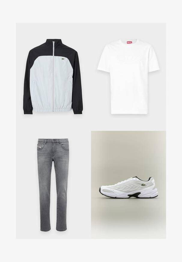 Jachetă de vânt albă și neagră cu guler înalt, front cu fermoar, manșete elastice și un mic logo verde pe piept.; Tricou alb cu mâneci scurte și guler rotund, cu logo oval în relief pe piept și etichetă roșie Diesel în interiorul gulerului.; Jeans din denim gri cu croială dreaptă, design cu cinci buzunare, nasture metalic și efecte ușoare de uzură. Textură netedă cu estompare subtilă.; Pantofle sport cu design curbat, superior din plasă texturată albă și talpă neagră în contrast. Prezintă un logo brodat verde pe lateral.