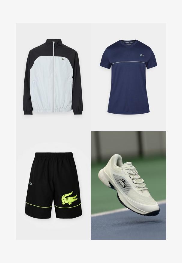 Balta ir juoda vėjui atspari striukė su aukštu apykakle, užtrauktuku priekyje, elastingomis rankovėmis ir mažu žaliu logotipu ant krūtinės.; Tamsiai mėlynas trumpomis rankovėmis marškinėlis su apvalia iškirpte, kuriame yra balta horizontali juosta ir žalias krokodilo logotipas kairėje krūtinės pusėje.; Juodos sportinės šortai su elastine juostele, neoninės geltonos spalvos krokodilo logotipas dešinėje kojoje, mažesnis logotipas kairėje kojoje ir neoninės geltonos spalvos apdailos detalė.; Balti sportiniai batai su tinkliniais viršutiniais, juodais akcentais, tekstūruotu padu ir išryškintu logotipu šone, eksponuojami prieš teismo foną.