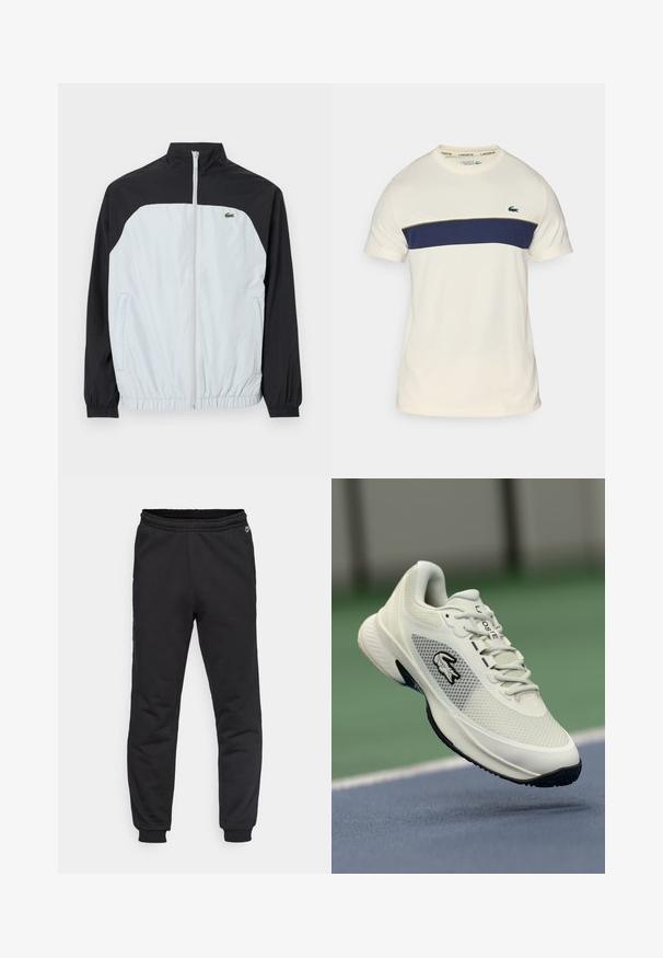 Fehér és fekete széldzseki magas gallérral, zipzárral, elasztikus mandzsettával és egy kis zöld logóval a mellkason.; Krém és tengerészkék Lacoste póló kerek nyakkal, rövid ujjakkal és vízszintes színsávval. Zöld krokodil logóval rendelkezik.; Fekete melegítőnadrág rugalmas derékkal és mandzsettákkal, puha anyagból készült. A bal oldalon egy kis logó található, mint részlet.; Fehér sportcipő hálós felsőrésszel, fekete részletekkel, texturált talppal és feltűnő logóval az oldalán, kosárlabdapálya háttérben.