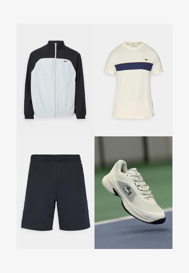 Balts un melns vējjaka ar augstu apkakli, ar rāvējslēdzēju priekšā, elastīgām aprocēm un mazu zaļu logo uz krūtīm.; Kādam un jūras zila Lacoste t-kreklu ar apļveida kakla izgriezumu, īsām piedurknēm un horizontālu krāsu bloku. Iezīmēts ar zaļu krokodila logo.; Melna kokvilnas šorti ar elastīgu jostu, taisna griezuma un salocītām maliņām. Ieguvumi ir sānu akcenti baltā krāsā ar zīmola tekstu.; Balti sporta apavi ar sieta materiāla augšpusi, melniem akcentiem, teksturētu zoli un izteiktu logo sānos, attēloti pret sporta laukuma fonu.