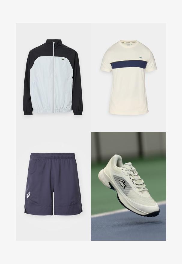 White and black windbreaker jacket with a high collar, zip front, elastic cuffs, and a small green logo on the chest.; Cream and navy Lacoste t-shirt with a round neckline, short sleeves, and a horizontal color block. Features a green crocodile logo.; Navy athletic shorts made from lightweight fabric, featuring an elastic waistband, side slits, and a white logo on the lower left side.; White athletic sneaker with a mesh upper, black accents, textured sole, and prominent logo on the side, displayed against a court background.