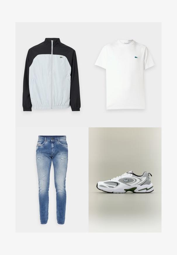 Bijela i crna vjetrobranska jakna s visokim ovratnikom, prednjim patentnim zatvaračem, elastičnim rukavima i malim zelenim logotipom na prsima.; Bjela pamučna majica s kružnim izrezom, kratkim rukavima i malim zelenim izvezenim logotipom krokodila na lijevoj strani prsa.; Plave traperice s istaknutim rubovima, s poderanim detaljima, uskog kroja i standardnim pet džepnim dizajnom.; Bijela i siva sportska trkačka cipela s mrežastim panelima, zelenim akcentima, crnim detaljima i logotipom sa strane, prikazana sa vanjske strane.