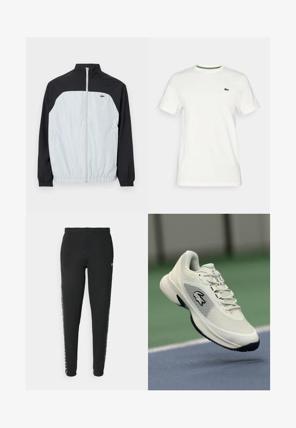 Hvid og sort vindjakke med høj krave, lynlås foran, elastiske cuffs og et lille grønt logo på brystet.; Hvid bomulds t-shirt med korte ærmer, der har en grøn detalje ved kraven og et lille grønt logo på venstre bryst.; Sorte sweatpants med elastisk talje og tapered manchetter, designet med hvide sidelister og et logo nær hoften.; Hvide atletiske sneakers med en mesh-overdel, sorte accenter, struktureret sål og fremtrædende logo på siden, vist mod en bane-baggrund.