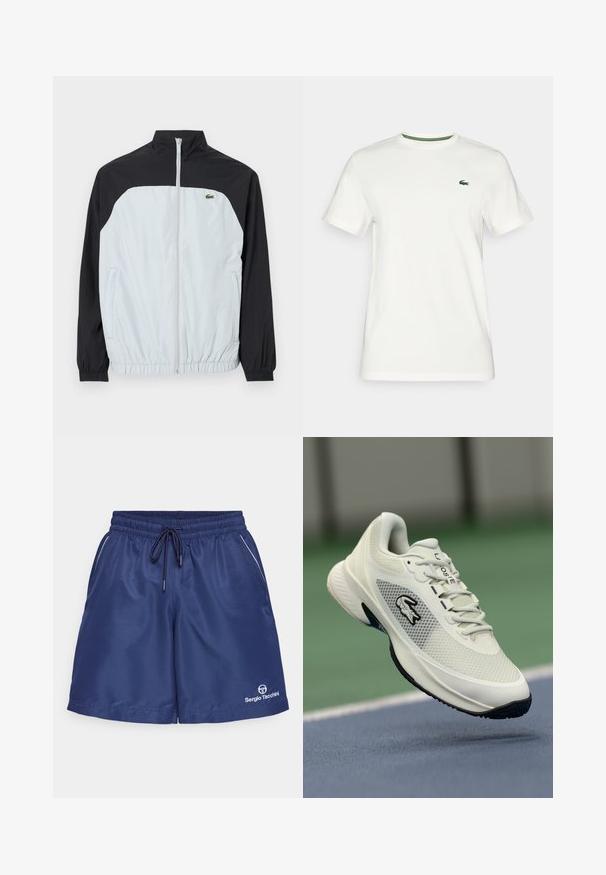 Valge ja must tuulejakke, millel on kõrge kaelus, tõmblukk ees, elastsed mansetid ning väike roheline logo rinnal.; Valge puuvillane T-särk lühikeste varrukatega, millel on roheline aksent krael ja väike roheline logo vasakul rinnal.; Tumesinised sportlikud lühikesed püksid elastse vöökoha, nööriga, küljetaskutega ja valge äärestuse detailiga. Alumises vasakus nurgas on logo.; Valge sportlik toss, millel onvõrgusüvene, mustad detailid, tekstureeritud sise-, ja silmapaistev logo küljel, esitatud mänguväljakute taustal.