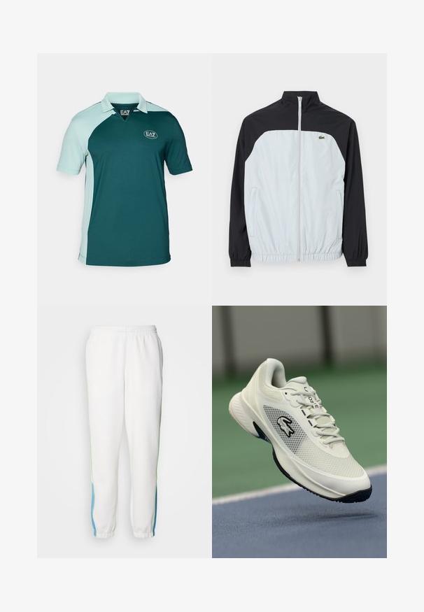 Fehér és fekete széldzseki magas gallérral, zipzárral, elasztikus mandzsettával és egy kis zöld logóval a mellkason.; Sötétzöld pólóing világoskék díszítéssel, rövid ujjú, galléros nyakkal, és texturált anyaggal, amelyen EA7 logó található.; Fehér melegítőnadrág, gumis derékkal, zöld és kék oldalsávokkal. Puha anyagból készült, taperált bokarészes kialakítással.; Fehér sportcipő hálós felsőrésszel, fekete részletekkel, texturált talppal és feltűnő logóval az oldalán, kosárlabdapálya háttérben.