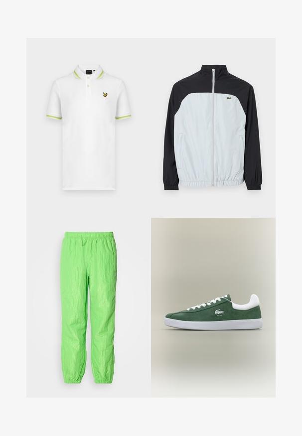 Biała i czarna kurtka typu windbreaker z wysokim kołnierzem, zamkiem z przodu, elastycznymi mankietami oraz małym zielonym logo na piersi.; Biała koszulka polo z zielonymi paskami na kołnierzyku i rękawach. Na piersi żółte haftowane logo. Wykonana z gładkiego materiału.; Jasnozielone, lekkie spodnie z elastycznym pasem, z lekko pomarszczoną teksturą i zbieranymi mankietami przy kostkach.; Niskoprofilowy zielony zamszowy sneaker z białymi sznurowadłami, białą podeszwą, wyściełanym kołnierzem pięty oraz haftowanym logo krokodyla z napisem "EST. 1933".