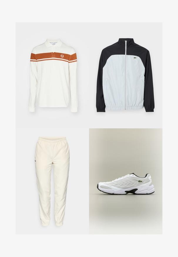 Fehér és fekete széldzseki magas gallérral, zipzárral, elasztikus mandzsettával és egy kis zöld logóval a mellkason.; Fehér, hosszú ujjú pólóing, amelyen egy barna vízszintes csík található, két vékony fehér csíkkal, és egy logó a bal mellrészen.; Tejfehér sportnadrág, rugalmas derékkal, szűkülő lábakkal és egy kis sötétzöld logóval a bal oldalon. Sima, könnyű anyag.; Fehér sportcipő, texturált hálós felsőrésszel, ívelt kialakítással és kontrasztos fekete talppal. Oldalán zöld hímzett logóval rendelkezik.