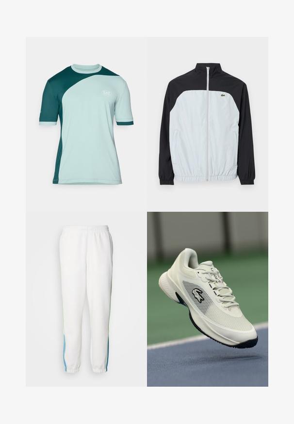 Bílo-černá větrovka s vysokým límcem, zipem vpředu, elastickými manžetami a malým zeleným logem na hrudi.; Krátký rukáv atletického trička ve světle mátové a tmavě tyrkysové barvě. Obsahuje zakřivený barevný blok, kulatý výstřih a logo EA7 na hrudi.; Bílé teplákové kalhoty s elastickým pasem, se zelenými a modrými bočními pruhy. Měkká látka s tapered (zkoseným) designem na kotnících.; Bílé sportovní tenisky s síťovinovým svrškem, černými akcenty, strukturovanou podrážkou a výrazným logem na boku, vystavené na pozadí hřiště.