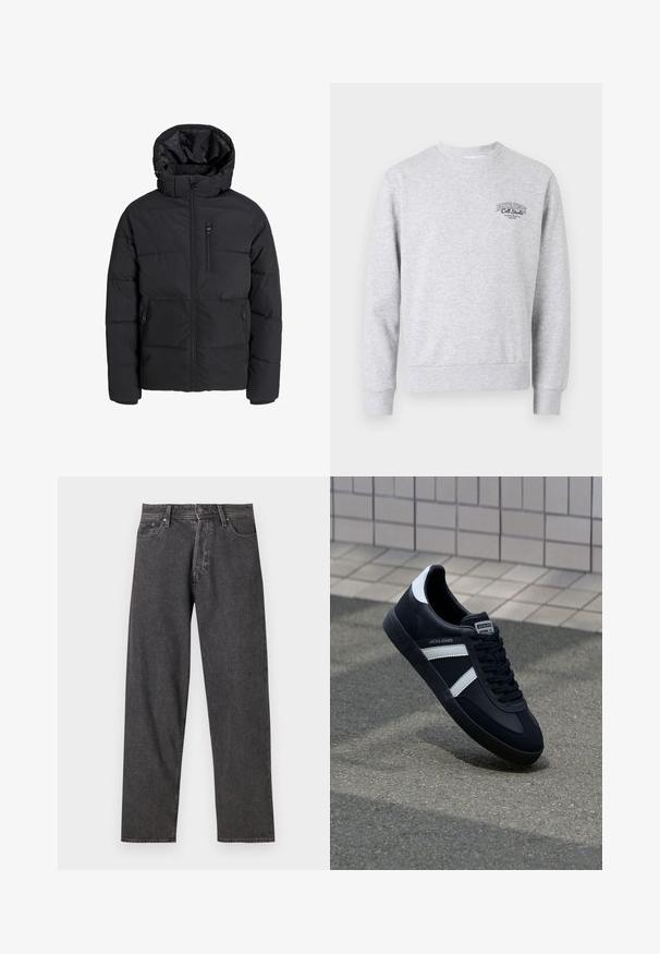 Black puffer jacket with a hood, featuring a front zipper, two side pockets, and a chest pocket. Smooth, insulated fabric with quilted sections.; Gray sweatshirt with a crew neckline, ribbed cuffs and hem, featuring a small black logo on the chest. Made of soft, textured fabric.; Black denim jeans with a straight-leg cut, five-pocket design, and subtle fading. Features a button closure and belt loops.; Black leather sneaker with white stripes, textured rubber sole, and lace-up front. Features a branded label on the tongue.