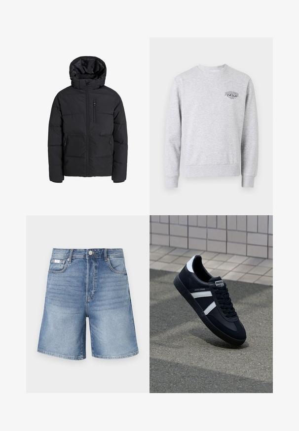 Must must jakk, millel on kapuuts, esiküljel lukuga, kaks küljetaskut ja rinna-tasku. Sile, isoleeritud kangas koos tikandiga sektsioonidega.; Halliksin särk hallides varruka- ja altaraeiberitega, millel on väike must logo rinna piirkonnas. Toode on valmistatud pehmest ja tekstuurilisest kangast.; Heledad teksast kangast lühikesed püksid helesinises värvitoonis, millel on klassikaline lõige, viie tasku disain ja kontrastne õmblus. Materjal on sile ja kerge hägususega.; Must have musta sneaker musta valgete triipudega, tekstuurne kummitald ja nööridega esiosa. Omab bränditud märki keele peal.