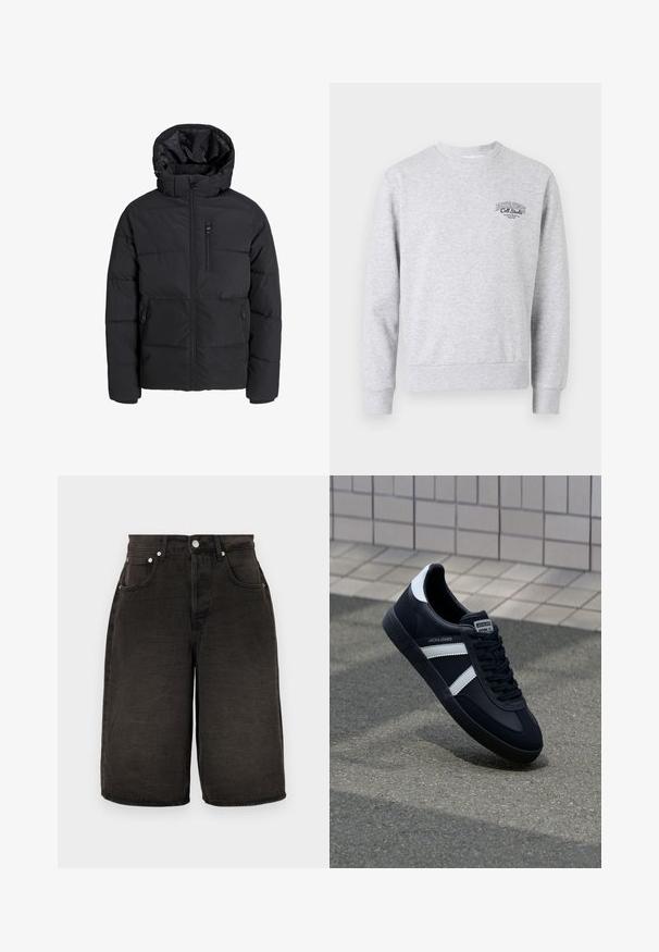 Black puffer jacket with a hood, featuring a front zipper, two side pockets, and a chest pocket. Smooth, insulated fabric with quilted sections.; Gray sweatshirt with a crew neckline, ribbed cuffs and hem, featuring a small black logo on the chest. Made of soft, textured fabric.; Black denim shorts with a straight cut, featuring front pockets, a zip fly, and textured fabric with subtle creases. Silver hardware accents.; Black leather sneaker with white stripes, textured rubber sole, and lace-up front. Features a branded label on the tongue.