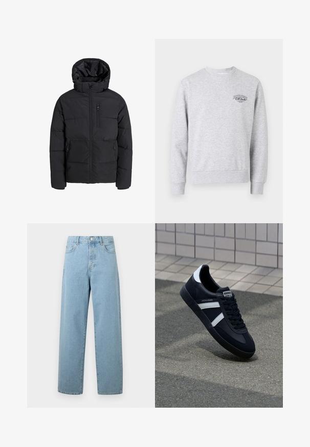 Black puffer jacket with a hood, featuring a front zipper, two side pockets, and a chest pocket. Smooth, insulated fabric with quilted sections.; Gray sweatshirt with a crew neckline, ribbed cuffs and hem, featuring a small black logo on the chest. Made of soft, textured fabric.; Light blue wide-leg jeans made of denim, featuring a front button closure, traditional five-pocket design, and a relaxed fit.; Black leather sneaker with white stripes, textured rubber sole, and lace-up front. Features a branded label on the tongue.