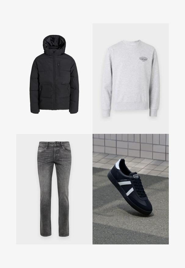 Must must jakk, millel on kapuuts, esiküljel lukuga, kaks küljetaskut ja rinna-tasku. Sile, isoleeritud kangas koos tikandiga sektsioonidega.; Halliksin särk hallides varruka- ja altaraeiberitega, millel on väike must logo rinna piirkonnas. Toode on valmistatud pehmest ja tekstuurilisest kangast.; Hallux halluxiga denim püksid otse lõikega, viie taskuga ja kergelt pleekinud. Omab klassikalist nupuklappi ja tõmblukk. ; Must have musta sneaker musta valgete triipudega, tekstuurne kummitald ja nööridega esiosa. Omab bränditud märki keele peal.