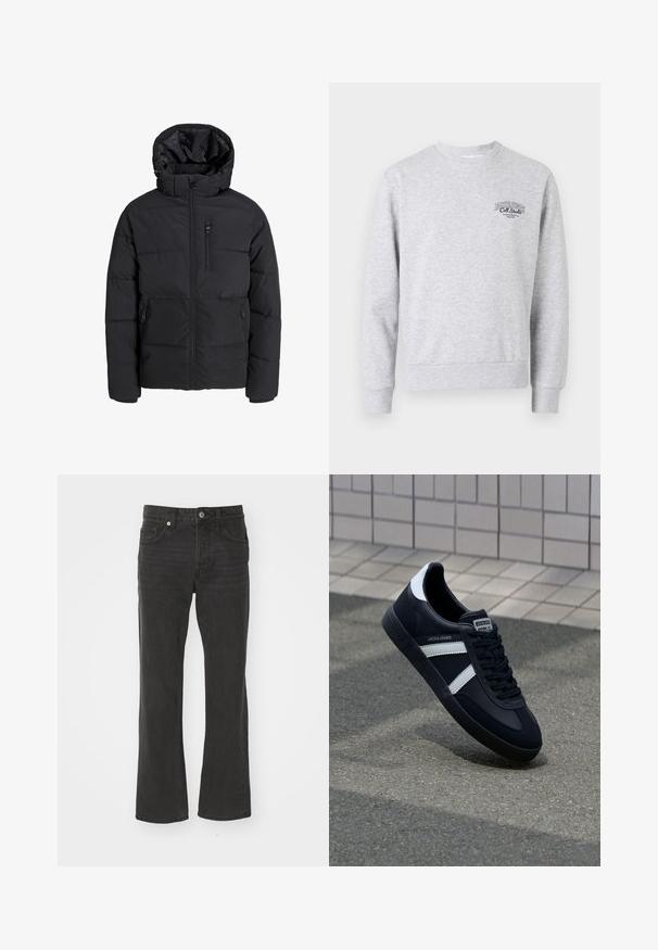 Black puffer jacket with a hood, featuring a front zipper, two side pockets, and a chest pocket. Smooth, insulated fabric with quilted sections.; Gray sweatshirt with a crew neckline, ribbed cuffs and hem, featuring a small black logo on the chest. Made of soft, textured fabric.; Black, straight-leg jeans made of denim with a classic five-pocket design and metal hardware. Smooth texture with a slight stretch.; Black leather sneaker with white stripes, textured rubber sole, and lace-up front. Features a branded label on the tongue.