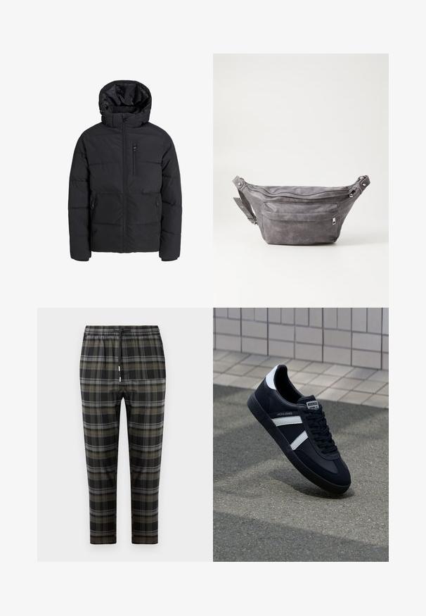 Sort pufferjakke med hætte, prydet med en frontlynlås, to sidelommer og en brystlomme. Glat, isoleret materiale med quiltede sektioner.; Beige langærmet strikket sweater med rund hals og lille brun broderet logo på venstre bryst, præsenteret på en ensfarvet baggrund.; Sorte ternede bukser med grå og olivengrønne mønstre. Har en elastisk talje med snor og tætsiddende ben. Blød stofstruktur.; Sort lædersneaker med hvide striber, tekstureret gummisål og snørrebånd foran. Har et brandet mærke på tungen.; Grå suedefanny pack med en rund form, to lynlåslommer og justerbart strop. Har metalhardware detaljer.