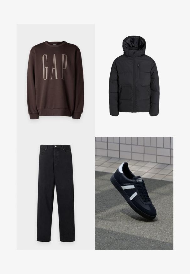 Svart boblejakke med hette, med frontglidelås, to sidelommer og en brystlomme. Glatt, isolert stoff med kviltede seksjoner.; GAP Sweatshirt - terra brown; Svarte høyt midjede jeans med rette ben, knappelukking, beltehemper, og front- og baklommer på hvit bakgrunn.; Sorte lærersneaker med hvite striper, teksturert gummihæl og snøring foran. Har et merketikett på tungen.