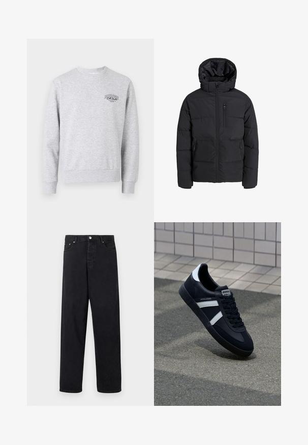 Čierna zimná bunda s kapucňou, s predným zipsom, dvoma bočnými vreckami a vreckom na hrudi. Hladká, zateplená tkanina s prešívanými časťami.; Šedá mikina s kruhovým výstrihom, rebrovanými manžetami a lemom, s malým čiernym logom na hrudi. Vyrobená z mäkkej, textúrovanej tkaniny.; Čierne vysoké rovné džínsy s gombíkovým uzáverom, pútkom na opasok a prednými a zadnými vreckami na bielom pozadí.; Čierne kožené tenisky s bielymi pruhmi, textúrovanou gumovou podrážkou a šnurovaním vpredu. Obsahujú označenie značky na jazyku.