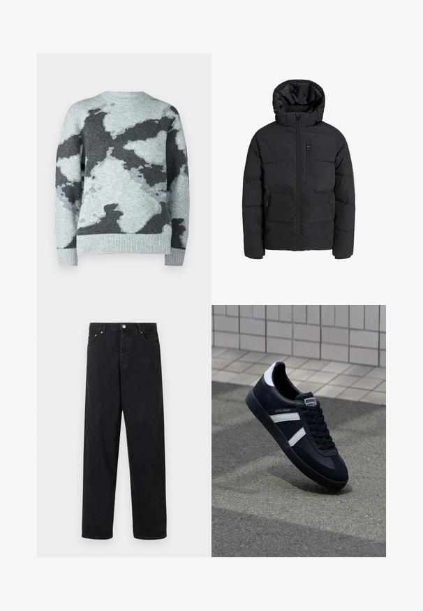 Czarna kurtka puchowa z kapturem, z przednim zamkiem błyskawicznym, dwoma bocznymi kieszeniami oraz kieszenią na piersi. Gładki, izolowany materiał z pikowanymi sekcjami.; Jack & Jones JCOTRAVIS jasnoszary melanż; Czarne dżinsy o wysokim stanie, proste nogawki, z zapięciem na guzik, szlufkami na pasek oraz kieszeniami z przodu i z tyłu, na białym tle.; Czarne skórzane sneakersy z białymi paskami, teksturowana gumowa podeszwa i sznurowane z przodu. Posiadają metkę marki na języku.