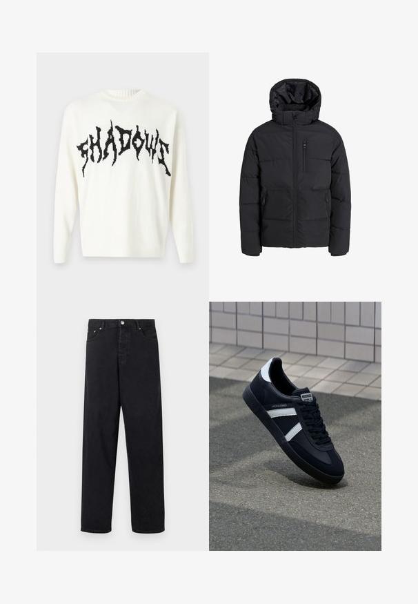 Schwarze Daunenjacke mit Kapuze, ausgestattet mit einem Frontreißverschluss, zwei Seitentaschen und einer Brusttasche. Glatter, isolierter Stoff mit gepolsterten Bereichen.; Only & Sons ONSRANDY LIFE CREW - Strickpullover - cloud dancer/black; Schwarze hochtaillierte gerade Jeans mit Knopfverschluss, Gürtelschlaufen sowie Vorder- und Gesäßtaschen vor weißem Hintergrund.; Schwarze Leder-Sneaker mit weißen Streifen, strukturiertem Gummisohle und Schnürung. Verfügt über ein Markenetikett auf der Zunge.