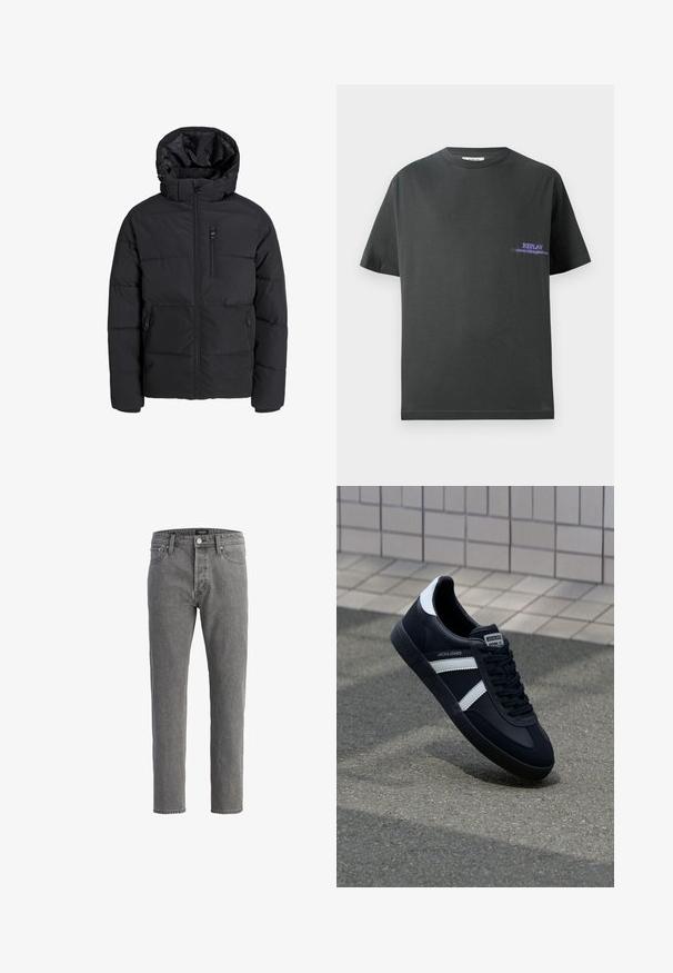 Fekete puffjakó kapucnival, elülső cipzárral, két oldalsó zsebbel és egy mellzsebbel. Sima, szigetelt anyag, steppelt részekkel.; Sötét szürke pamut póló kerek nyakkivágással. A bal mellen egy kis lila nyomtatás található, amelyen a "REPLAY" felirat olvasható. Rövid, egyenes ujjakkal.; Szürke farmernadrág egyenes szabással, öt zsebbel és fém gombbal záródik. Az anyag puha, strukturált felületű.; Fekete bőr sportcipő fehér csíkokkal, textúrált gumitalppal és fűzős elejével. A nyelvén márkás címke található.