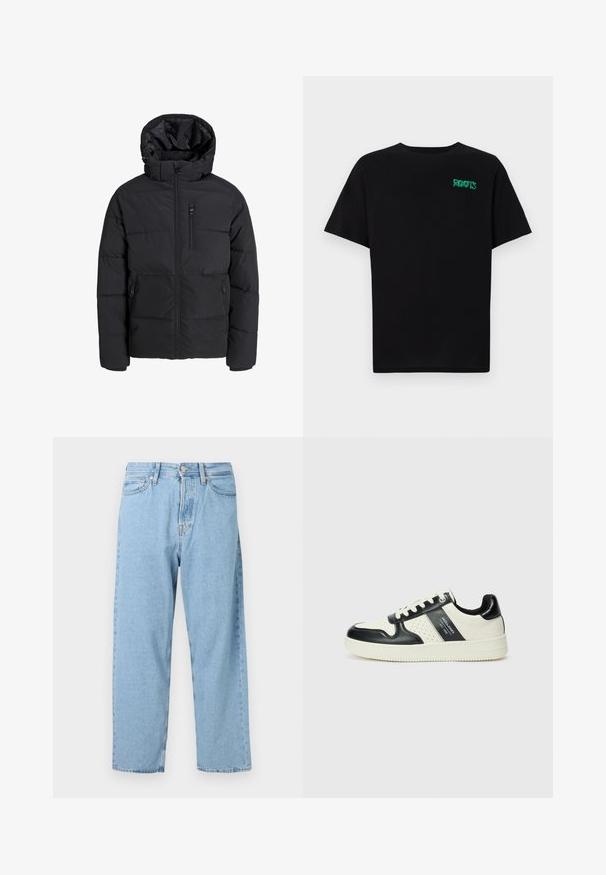 Doudoune noire avec capuche, dotée d'une fermeture éclair sur le devant, de deux poches latérales et d'une poche poitrine. Tissu lisse et isolé avec des sections matelassées.; T-shirt noir en coton à manches courtes. Présente un logo "ROOTS" vert sur le devant, un col rond et une coupe standard.; Jean taille haute bleu clair, coupe droite, avec cinq poches et une fermeture à bouton et zip à l'avant.; Baskets en cuir avec un schéma de couleurs noir et crème, dotées d'accents perforés, d'un col rembourré et d'une semelle texturée.