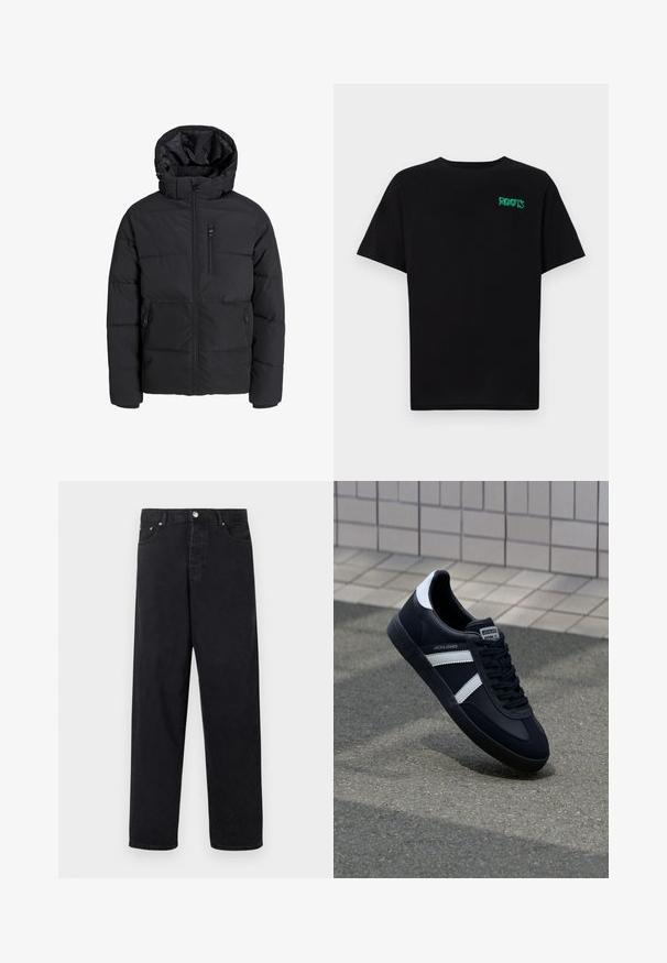Sort pufferjakke med hætte, prydet med en frontlynlås, to sidelommer og en brystlomme. Glat, isoleret materiale med quiltede sektioner.; Sort t-shirt lavet af bomuld med korte ærmer. Har et grønt "ROOTS" logo på forsiden, rund halsudskæring og almindelig pasform.; Sorte højtaljede lige jeans med knaplukning, bæltehuller og for- og baglommer på en hvid baggrund.; Sort lædersneaker med hvide striber, tekstureret gummisål og snørrebånd foran. Har et brandet mærke på tungen.
