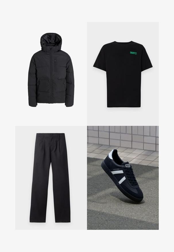 Black puffer jacket with a hood, featuring a front zipper, two side pockets, and a chest pocket. Smooth, insulated fabric with quilted sections.; Black t-shirt made of cotton with short sleeves. Features a green "ROOTS" logo on the front, round neckline, and standard fit.; Black, wide-leg trousers made of a smooth fabric. Features front pleats, a button closure, and two side pockets.; Black leather sneaker with white stripes, textured rubber sole, and lace-up front. Features a branded label on the tongue.