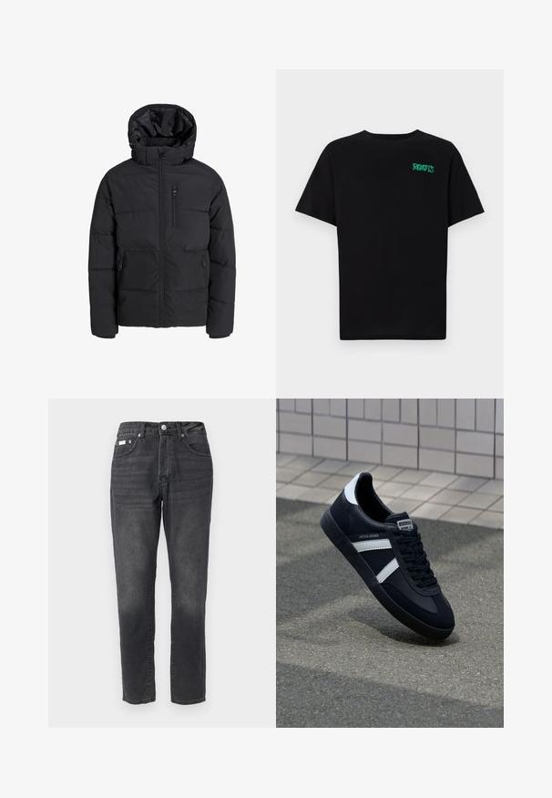 Black puffer jacket with a hood, featuring a front zipper, two side pockets, and a chest pocket. Smooth, insulated fabric with quilted sections.; Black t-shirt made of cotton with short sleeves. Features a green "ROOTS" logo on the front, round neckline, and standard fit.; Black denim jeans with a straight leg design, five-pocket styling, and subtle fading. Completed with a button and zipper closure.; Black leather sneaker with white stripes, textured rubber sole, and lace-up front. Features a branded label on the tongue.