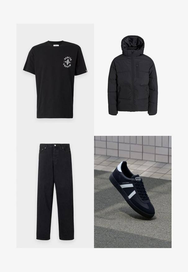 Svart boblejakke med hette, med frontglidelås, to sidelommer og en brystlomme. Glatt, isolert stoff med kviltede seksjoner.; Svart bomull t-skjorte med korte ermer. Har en hvit grafisk utskrift på venstre bryst og en liten logo-lapp på kanten.; Svarte høyt midjede jeans med rette ben, knappelukking, beltehemper, og front- og baklommer på hvit bakgrunn.; Sorte lærersneaker med hvite striper, teksturert gummihæl og snøring foran. Har et merketikett på tungen.