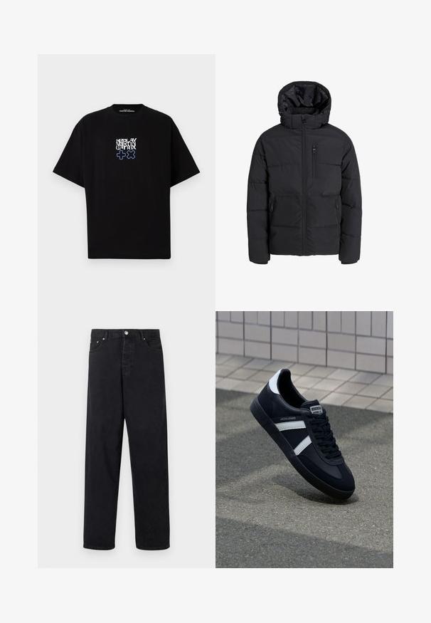 Čierna zimná bunda s kapucňou, s predným zipsom, dvoma bočnými vreckami a vreckom na hrudi. Hladká, zateplená tkanina s prešívanými časťami.; Čierne tričko vyrobené z bavlny s voľným strihom. Má grafický potlač v bielej a modrej farbe, zobrazuje text "REPLAY MARTIN GATRIX" a symboly.; Čierne vysoké rovné džínsy s gombíkovým uzáverom, pútkom na opasok a prednými a zadnými vreckami na bielom pozadí.; Čierne kožené tenisky s bielymi pruhmi, textúrovanou gumovou podrážkou a šnurovaním vpredu. Obsahujú označenie značky na jazyku.