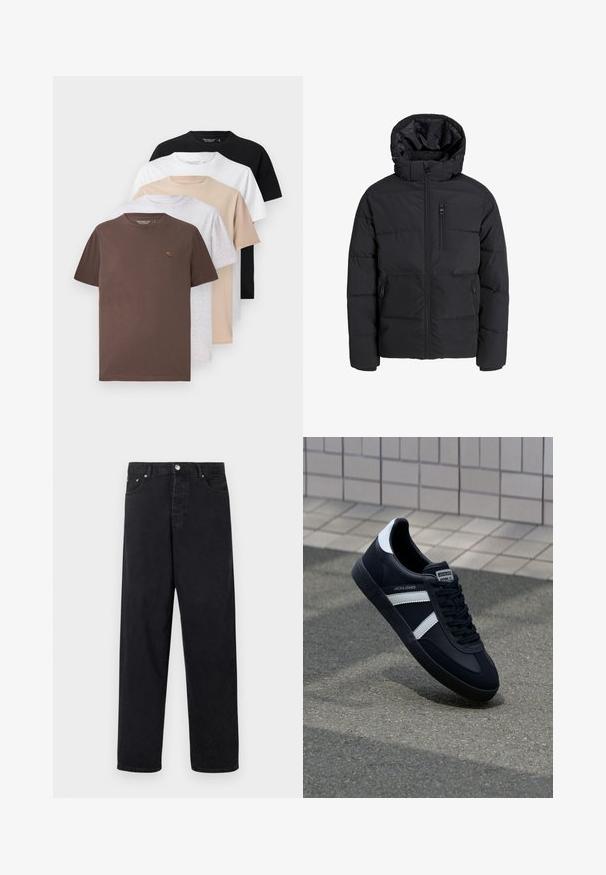 Zwarte pufferjas met een capuchon, voorzien van een ritssluiting aan de voorkant, twee zijzakken en een borstzak. Glad, geïsoleerd stof met doorgestikte delen.; Vijf T-shirts met korte mouwen in bruin, grijs, beige, wit en zwart, met een ronde hals en zachte, gladde katoenstof.; Zwarte high-waisted rechte jeans met knoopsluiting, riemlussen en voor- en achterzakken op een witte achtergrond.; Zwarte leren sneaker met witte strepen, een gestructureerde rubberen zool en vetersluiting aan de voorkant. Voorzien van een merklabel op de tong.