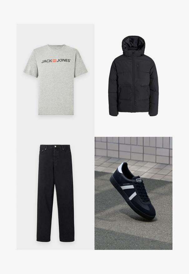 Black puffer jacket with a hood, featuring a front zipper, two side pockets, and a chest pocket. Smooth, insulated fabric with quilted sections.; Gray cotton t-shirt featuring short sleeves and a crew neckline. The front displays "JACK & JONES" in black text with a red square accent.; Black high-waist straight-leg jeans with button closure, belt loops, and front and back pockets on a white background.; Black leather sneaker with white stripes, textured rubber sole, and lace-up front. Features a branded label on the tongue.