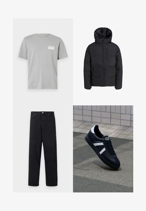 Crna puf jakna s kapuljačom, koja ima prednji patent zatvarač, dva bočna džepa i jedan džep na prsima. Glatka, izolirana tkanina s kvadratnim šavovima.; Siva pamučna majica kratkih rukava, okruglog izreza, sa bijelim logotipom "JACK & JONES" otisnutim na lijevoj strani prsa.; Crne traperice visoki struk ravnih nogavica s kopčanjem na gumbe, petljama za remen te prednjim i stražnjim džepovima na bijeloj podlozi.; Crne kožne tenisice s bijelim prugama, strukturirana gumena potplate i vezanjem sprijeda. Ima oznaku brenda na jeziku.