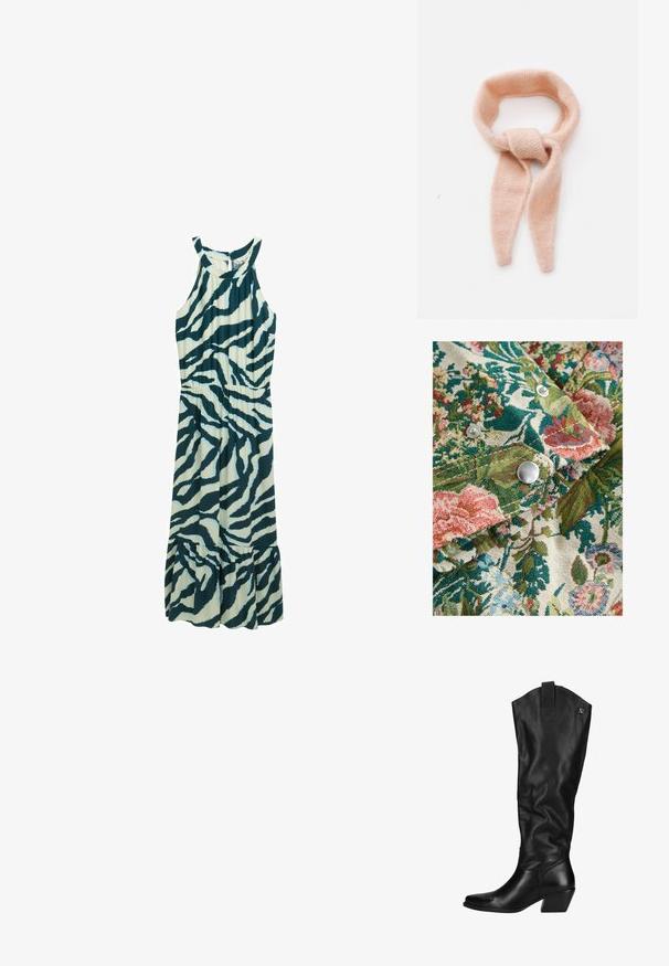 Stoff mit floralen Mustern in satten Grüntönen, Rosa und Blau; umfasst silberne Druckknöpfe und ein strukturiertes Gewebe.; Ärmelloses Midikleid in hellem Türkis mit dunkeltürkisen Zebra-Streifen. Verfügt über eine taillierte Taille und einen ausgestellt, rüschierten Saum. Hergestellt aus leichtem Stoff.; Schwarze knielange Stiefel aus Leder mit einer leicht strukturierten Oberfläche. Sie besitzen eine spitze Zehenpartie, einen Blockabsatz und eine Logo-Akzent am oberen Teil.; Helle rosa gestrickte Schal, weiche Textur, geschlungenes Design mit verlängerten Enden, mit einem geknoteten Detail in der Mitte.
