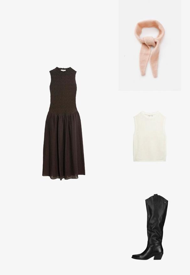 Floral-patterned fabric with rich hues of green, pink, and blue; includes silver snap buttons and a textured weave.; Sleeveless white knit top with a textured, open weave. Features a round neckline and straight hem, with a loose fit throughout.; Sleeveless dark brown midi dress with textured fitted bodice and a gathered checkered skirt on a white background.; Black leather knee-high boots with a slightly textured finish. Features a pointed toe, a block heel, and a logo accent at the top.; Pale pink knitted scarf, soft texture, looped design with elongated ends, featuring a knotted detail at the center.