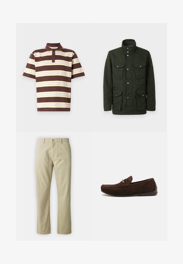Musta vihreä, keskipitkä takki, jossa on korkea kaulus ja hopeiset yksityiskohdat. Ominaisuuksiin kuuluu kaksi rintataskua ja kaksi alempaa sivutaskua. Sujuva pinta.; Ruskea ja keltainen raidoitettu polo-paita, lyhyet hihat, kolme nappia, puuvillakangasta, teksturoitu kangas vaihtelevilla raidankokoilla.; Beige puuvillahousut suoran lahkeen muotoilulla, etupainike sulkeminen ja vyölenkit. Sileä pinta, ei näkyviä kuvioita tai yksityiskohtia.; Ruske mokasiner i nubuk s delikatnim šavovima, suptilnom teksturom, zaobljenim vrhom i akcentom od srebrnih detalja. Niska gumena potplat za udobnost.