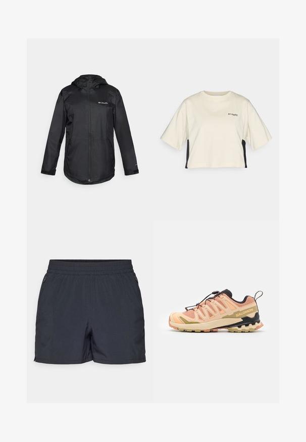 Veste noire imperméable avec capuche, fermeture éclair à l'avant, poignets élastiques et logo sur la poitrine gauche. Matériau lisse et léger. Coupe décontractée.; T-shirt court de couleur crème avec un col rond, des manches courtes et des panneaux latéraux noirs ; il possède un petit logo noir sur la poitrine.; Shorts gris foncé en matériau léger, avec une taille élastique, des poches latérales zippées et une coupe droite.; Chaussure de trail de Salomon en rose et beige avec une tige en mesh texturé, une semelle flexible, un design de talon distinctif et des accents réfléchissants.
