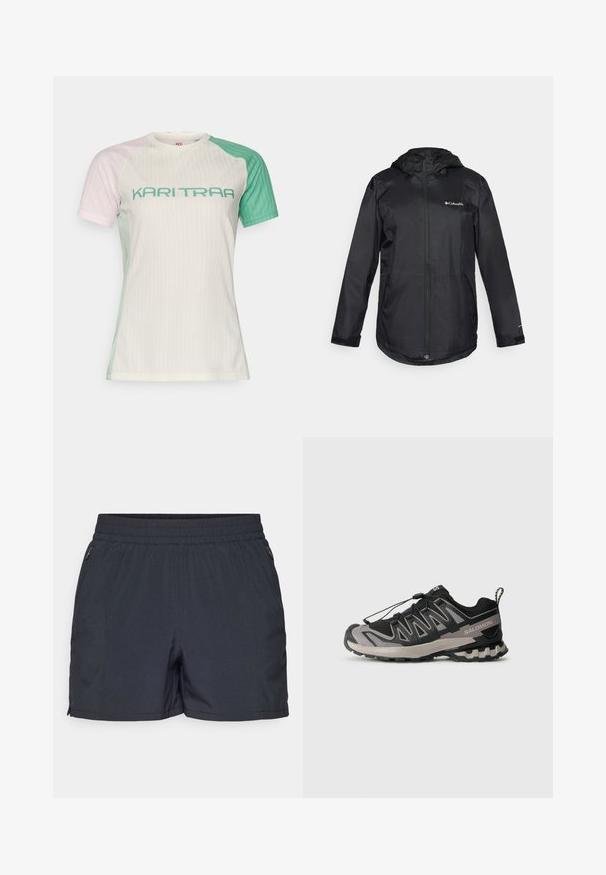 Giacca impermeabile nera con cappuccio, chiusura con zip frontale, polsini elasticizzati e logo sul lato sinistro del petto. Materiale liscio e leggero. Vestibilità casual.; Maglietta sportiva a manica corta con una texture a coste. I colori includono rosa chiaro, verde e bianco. Caratterizzata da una scritta audace "KARI TRAA" in teal.; Pantaloni corti grigio scuro in materiale leggero, con vita elasticizzata, tasche laterali con cerniera e taglio dritto.; Scarpa sportiva nera e grigia con tomaia in rete, suola in gomma e sistema di lacci elastici. Presenta una punta rinforzata e dettagli testurizzati.