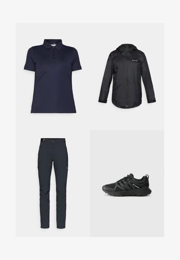 Czarna wodoodporna kurtka z kapturem, zapinana na zamek z przodu, z elastycznymi mankietami i logo na lewej piersi. Gładki, lekki materiał. Casualowy krój.; Granatowa koszula polo wykonana z gładkiego materiału, z kołnierzykiem, krótkimi rękawami i zapięciem na pięć guzików. Zawiera akcent logo.; Męskie spodnie outdoorowe, ciemnoszare, wykonane z elastycznego materiału, z paskiem, kieszeniami na zamek oraz wzmocnionymi szwami.; Columbia PEAKFREAK czarny