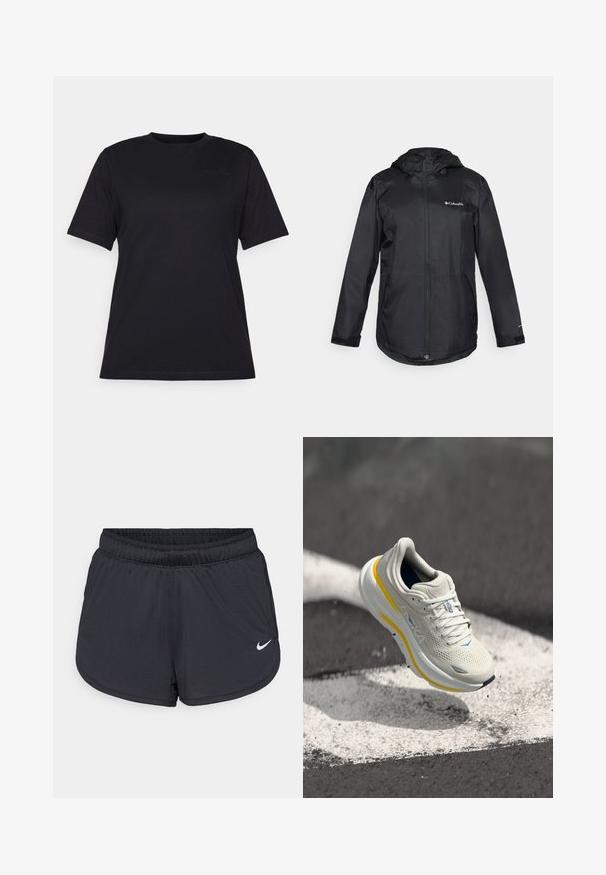 Must vaakne vihmajakku kapuutsiga, esivöödiga, elastsete mansettide ja logoga vasakul rinnal. Sile ja kerge materjal. Mugav lõige.; Must suveklee t-särk, mis on valmistatud siledast puuvillast, omab ümmargust kaelust ja diskreetset reljeefset logo detaili vasakul küljel.; Mustad sportlikud lühikesed püksid elastse vöökohaga, millel on spordilik disain ja valge Nike logo alumisel esiküljel. Kootud kangas.; Heled hallid jooksujalatsid kollaste detailidega; pehme võrkkate, polsterdatud tald ja diskreetne sinine lõppviimistlus. Toodet iseloomustav kaubamärgi logo küljel.