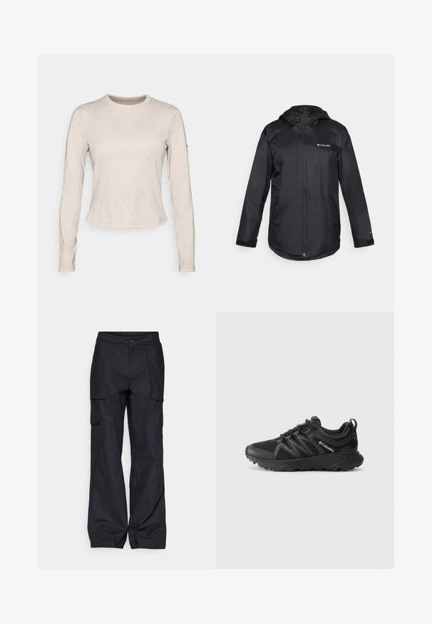 Juodas nepralaidus vandeniui džinsinis švarkas su kapišonu, su užtrauktuku priekyje, elastingomis rankogaliais ir logotipu kairėje krūtinės pusėje. Glotnus, lengvas audinys. Kasdienis tinkamas siluetas.; Ilgio rankovės marškinėliai šviesiai smėlio spalvos, su tekstūruotu kryžminiu linijų raštu, apvalia kaklo iškirpte ir aptemptu siluetu.; Columbia BREA FALLS™ COTTON RIPSTOP PANT - Lauko kelnės - black; Columbia PEAKFREAK - Turistiniai batai - black