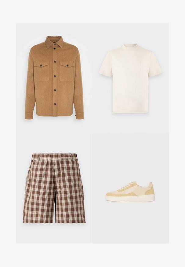 Brūns vilnas un poliestera žakets ar norādītu apkakli, melniem pogām, divām krūšu kabatām un taisnu piegriezumu. Rūpīgi izstrādāta tekstūra, minimālisma dizains.; Iedegts krēma krāsas T-krekls ar īsām piedurknēm un augstu dekoltē, izgatavots no mīksta kokvilnas materiāla. Uz krūtīm ir smalka uzspiesta logo.; Brūni svītrainie šorti ar elastīgu jostu, kas piedāvā gaiši bēšas pārbaudes rakstus un sānu kabatas. Izgatavoti no viegla auduma.; Sarkani kedu no gaišas dzeltenas zamšas un ādas, ar mīkstinātu zoli un izšūti akcenti. Klasisks auklu aizdare ar noapaļotu purngalu.